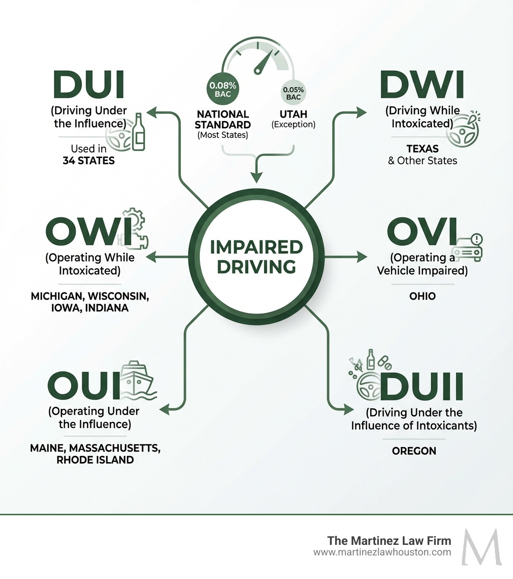 Infographic showing the relationship between different impaired driving terms: DUI (Driving Under the Influence) used in 34 states, DWI (Driving While Intoxicated) used in Texas and other states, OWI (Operating While Intoxicated) used in Michigan, Wisconsin, Iowa, and Indiana, OVI (Operating a Vehicle Impaired) used in Ohio, OUI (Operating Under the Influence) used in Maine, Massachusetts, and Rhode Island, DUII (Driving Under the Influence of Intoxicants) used in Oregon. The infographic shows these terms branch from a central concept of impaired driving with a 0.08% BAC standard nationwide except Utah at 0.05% - OWI vs DWI infographic 