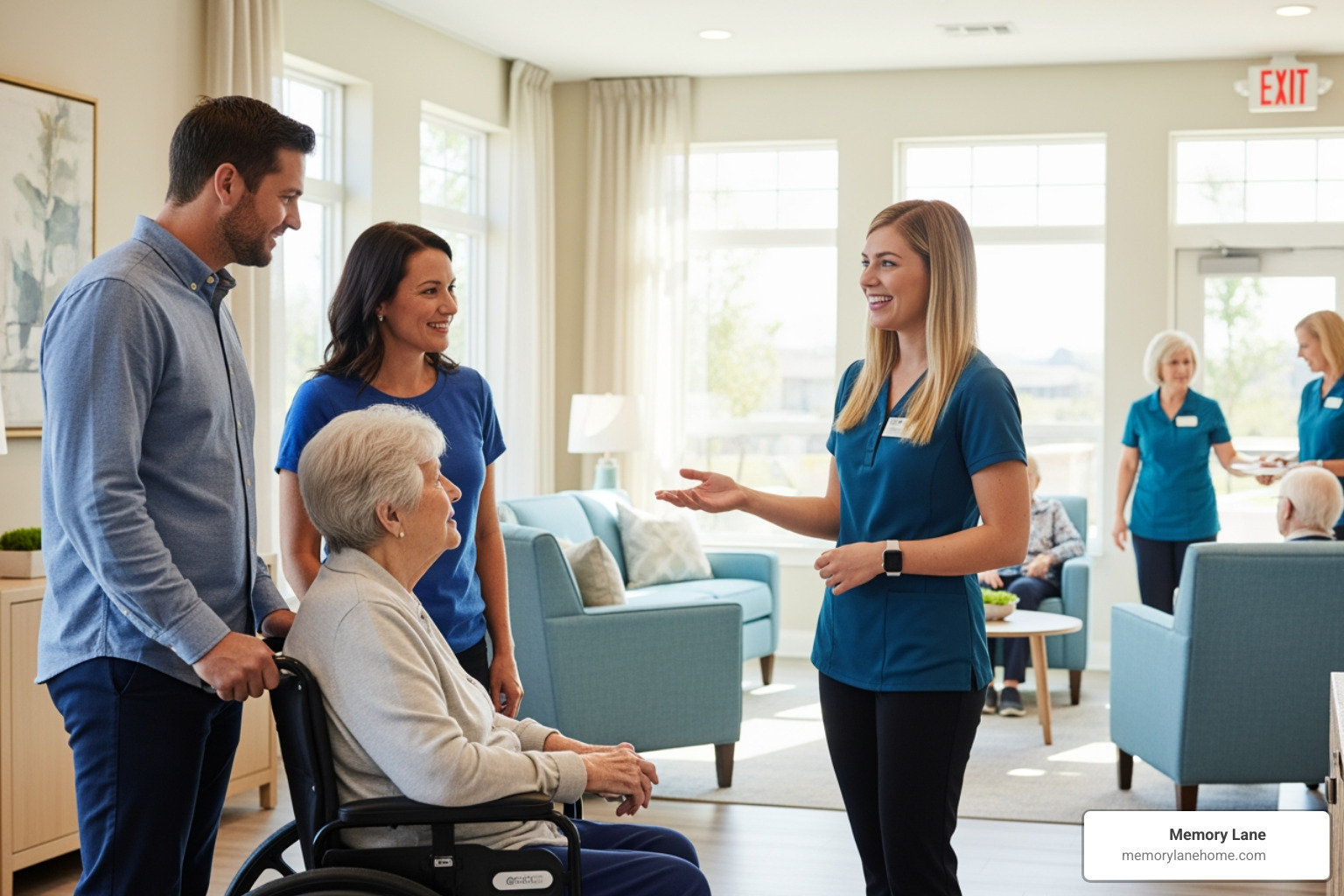 family touring memory care residence and speaking with staff - affordable memory care