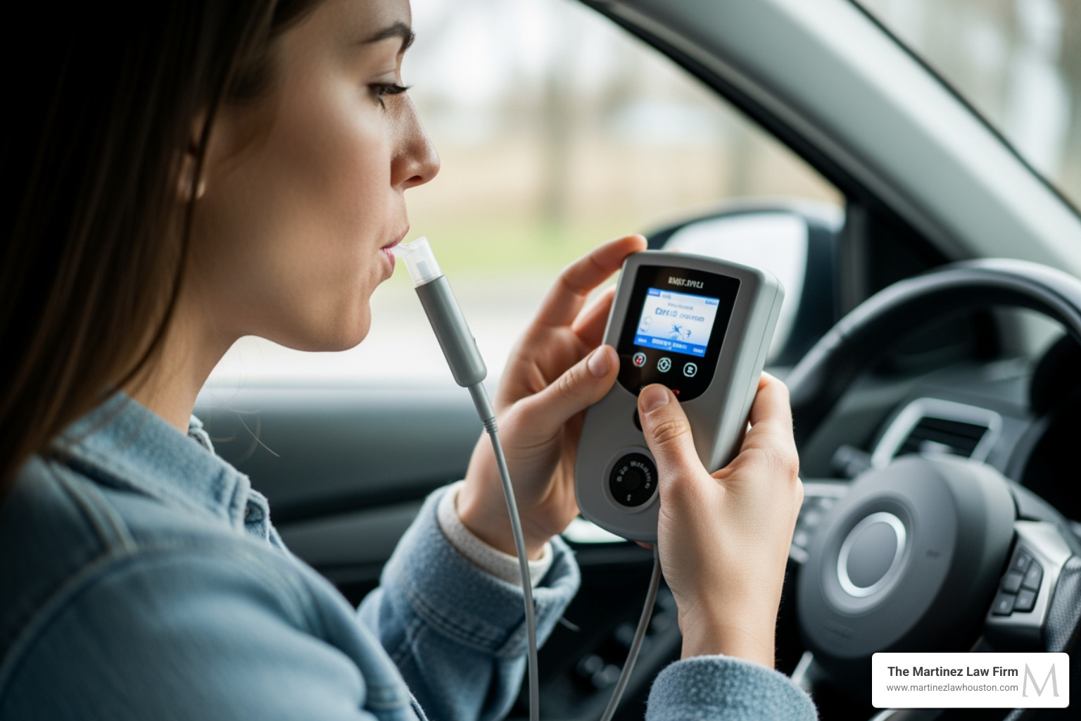 Person providing breath sample into IID unit - DWI ignition interlock​