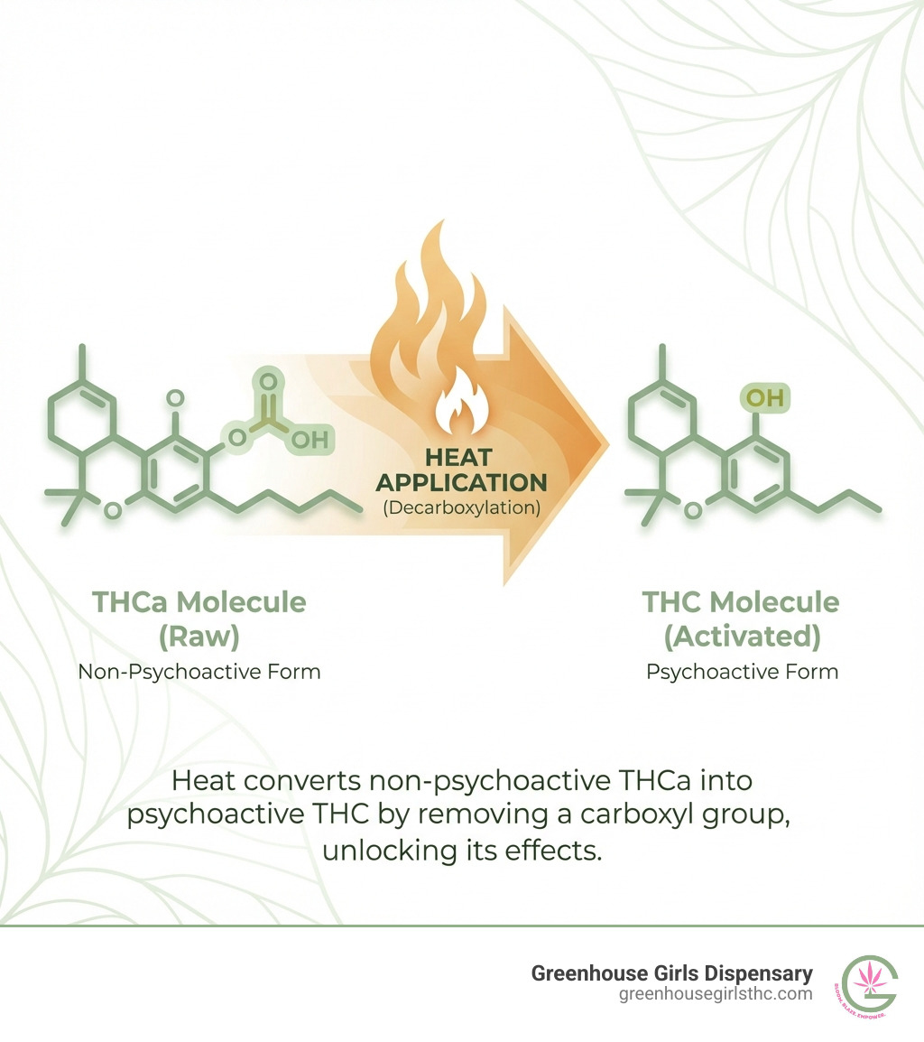 Infographic showing THCa molecule structure compared to THC molecule structure, with an arrow indicating heat application causing the conversion from THCa to THC through decarboxylation - Best THCa strains infographic 