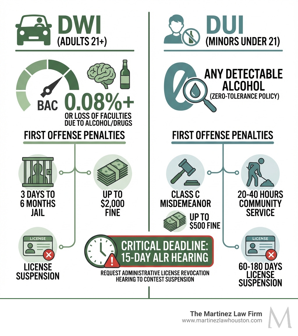 Infographic comparing Texas DWI charges for adults (BAC 0.08%+, loss of faculties due to alcohol/drugs, Class B misdemeanor for first offense with 3 days to 6 months jail, up to $2,000 fine, and license suspension) versus DUI charges for minors under 21 (any detectable alcohol, zero-tolerance policy, Class C misdemeanor for first offense with up to $500 fine, 20-40 hours community service, and 60-180 days license suspension), including the 15-day ALR hearing deadline - DUI and DWI charges infographic 