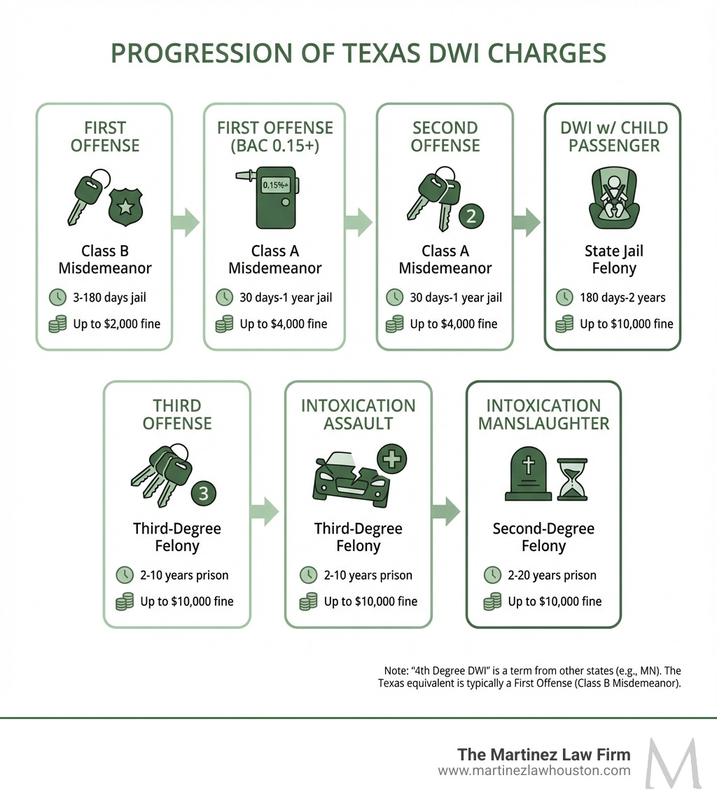 Infographic showing the progression of DWI charges in Texas: First Offense (Class B Misdemeanor, 3-180 days jail, up to $2,000 fine), First Offense with BAC 0.15+ (Class A Misdemeanor, 30 days-1 year jail, up to $4,000 fine), Second Offense (Class A Misdemeanor, 30 days-1 year jail, up to $4,000 fine), Third Offense (Third-Degree Felony, 2-10 years prison, up to $10,000 fine), DWI with Child Passenger (State Jail Felony, 180 days-2 years, up to $10,000 fine), Intoxication Assault (Third-Degree Felony, 2-10 years prison, up to $10,000 fine), and Intoxication Manslaughter (Second-Degree Felony, 2-20 years prison, up to $10,000 fine) - 4th degree DWI​ infographic 