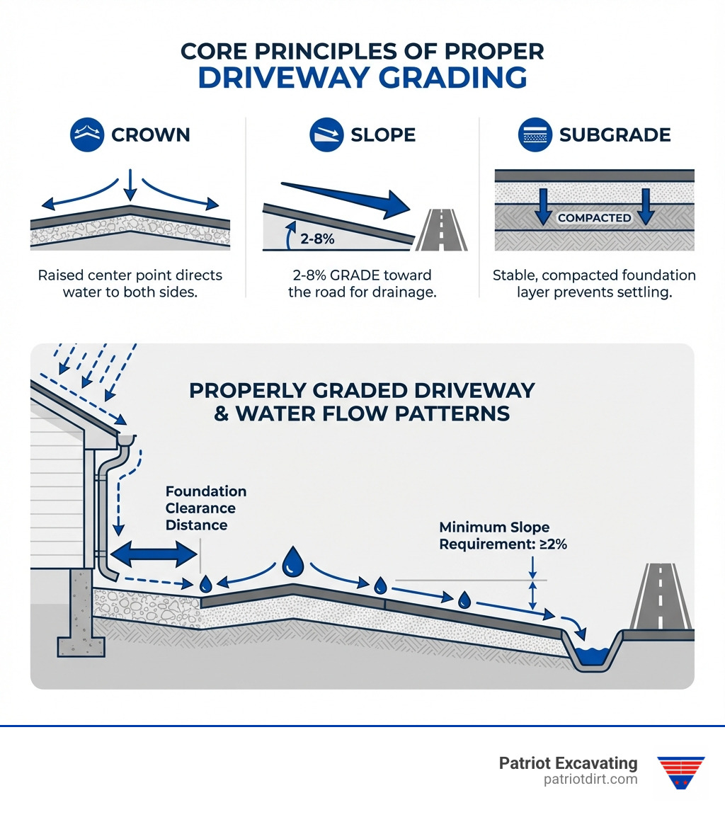 Infographic showing the three core principles of proper driveway grading: Crown (the raised center point that directs water to both sides), Slope (2-8% grade toward the road for drainage), and Subgrade (stable, compacted foundation layer that prevents settling). Includes cross-section diagram of a properly graded driveway showing water flow patterns away from structures, with measurements for minimum slope requirements and foundation clearance distances. - driveway grading infographic Infographic showing the three core principles of proper driveway grading: Crown (the raised center point that directs water to both sides), Slope (2-8% grade toward the road for drainage), and Subgrade (stable, compacted foundation layer that prevents settling). Includes cross-section diagram of a properly graded driveway showing water flow patterns away from structures, with measurements for minimum slope requirements and foundation clearance distances. - driveway grading infographic