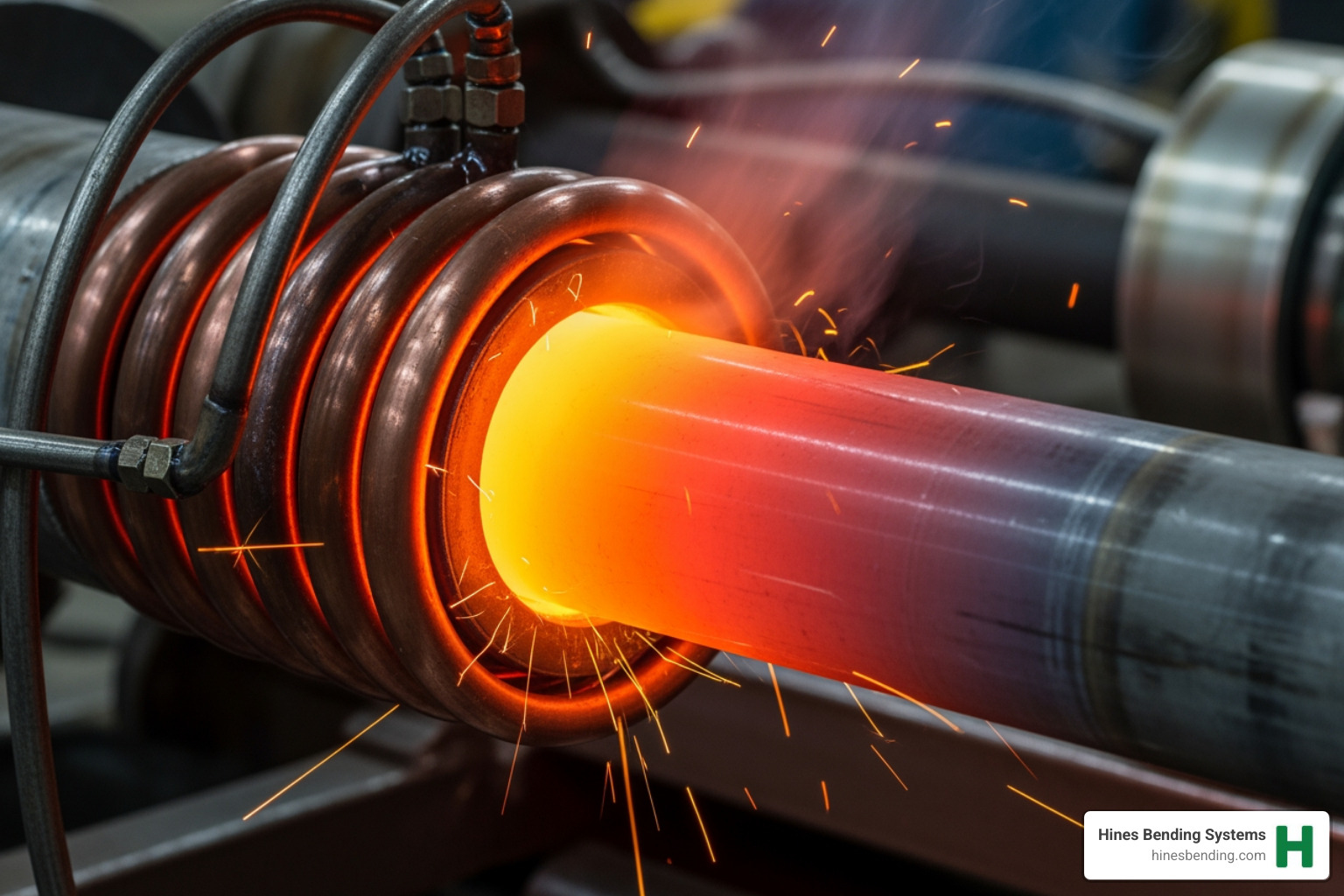 Close-up on a Hines induction coil heating a pipe section - induction tube bending machine
