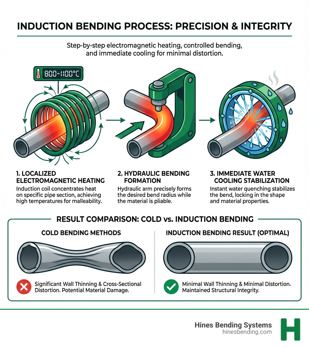 Infographic showing the induction bending process: electromagnetic coil heating a localized pipe section to 800-1100°C, hydraulic bending arm forming the radius, immediate water cooling system stabilizing the bend, resulting in minimal wall thinning and distortion compared to cold bending methods - induction tube bending machine infographic 