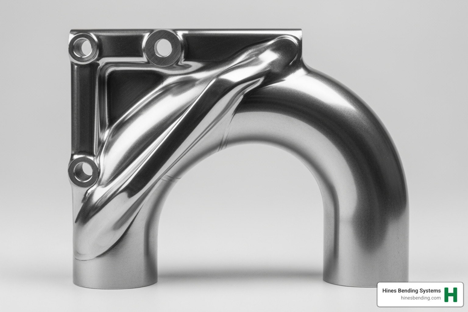 A complex bent tube part with intricate curves and precise angles, typical of an aerospace application, showcasing the high level of accuracy and craftsmanship achieved by Hines Bending Systems. The part is made of a shiny metal, reflecting light, and appears to be a component of a larger, sophisticated system. - pipe & tube benders