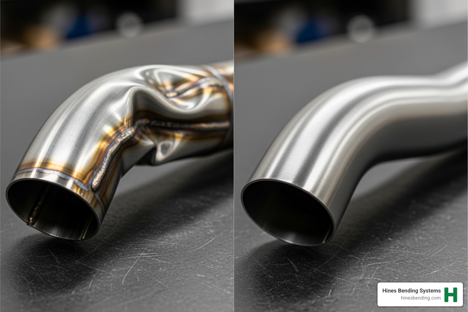 Image of a kinked, collapsed exhaust pipe next to a perfectly smooth bent pipe - how to make a exhaust pipe bender