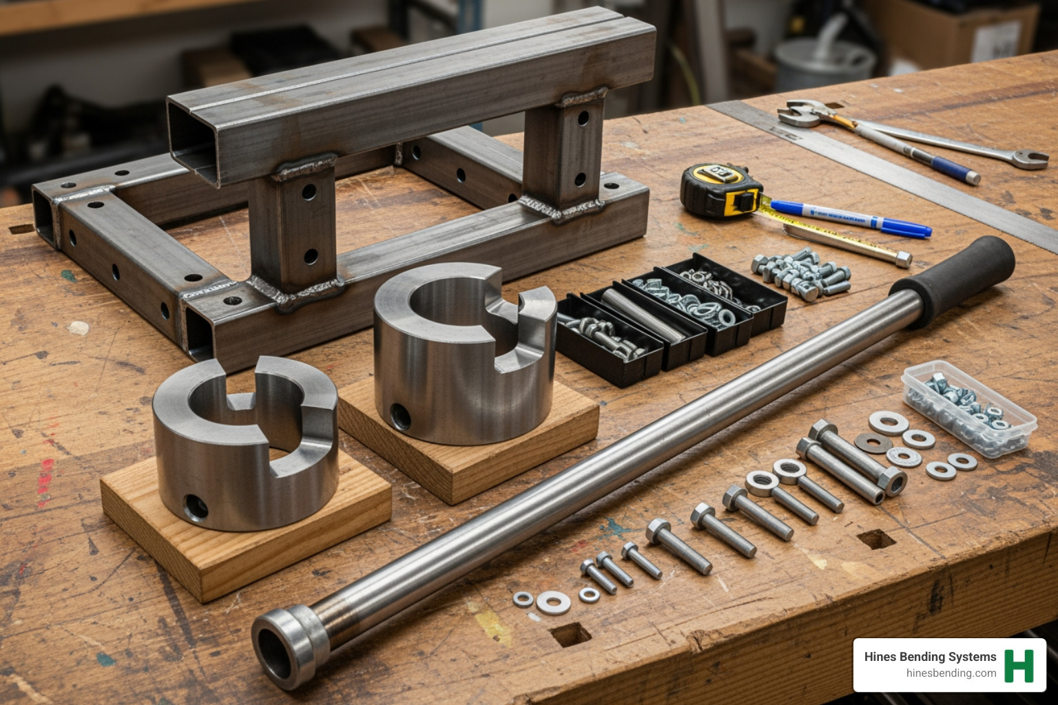 Image of components for a DIY manual pipe bender including a heavy-duty steel frame, a fixed bending die, a follower die, and a long leverage arm - how to make a exhaust pipe bender