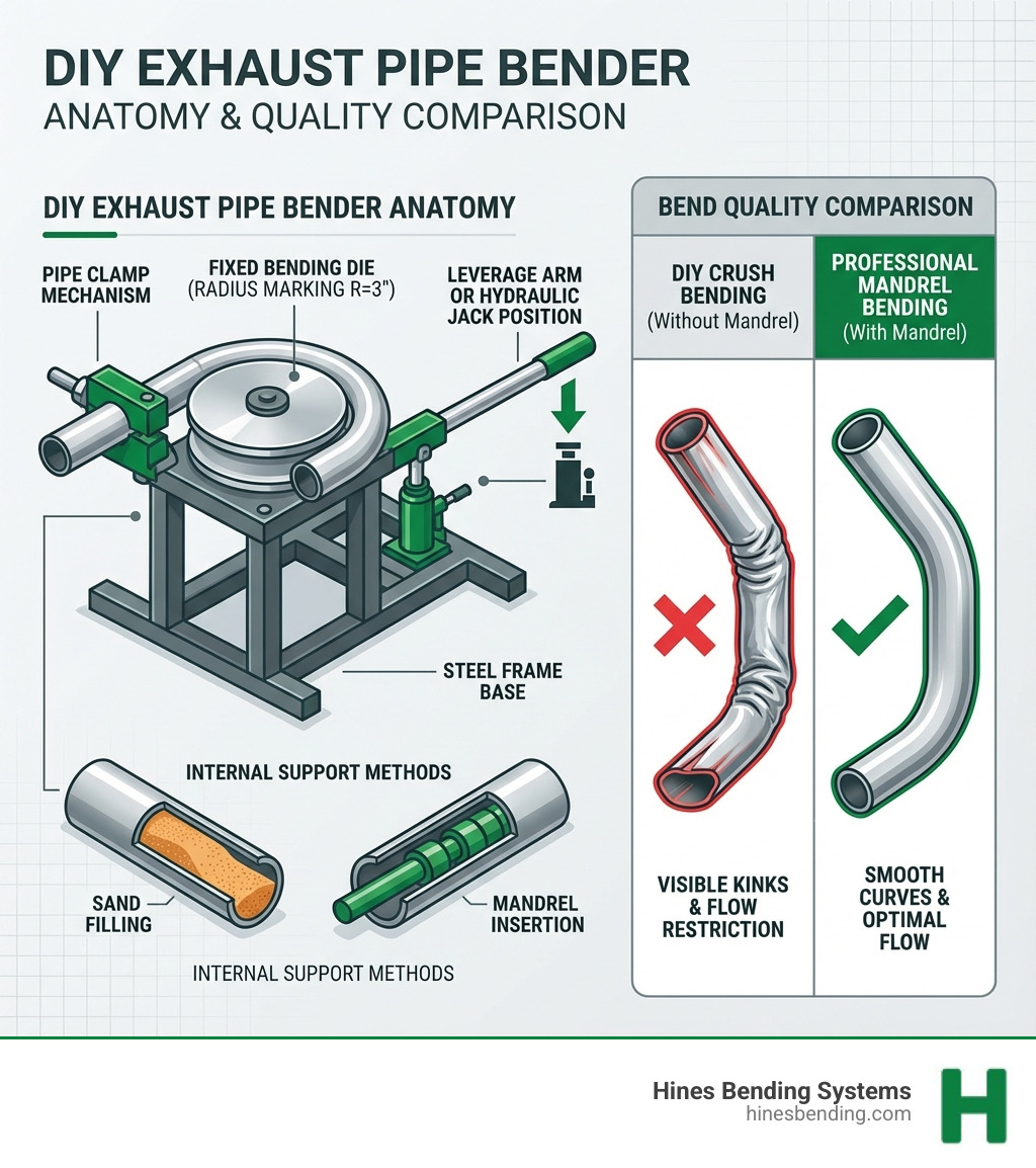 Infographic showing the anatomy of a DIY exhaust pipe bender with labeled components: steel frame base, fixed bending die with radius marking, pipe clamp mechanism, leverage arm or hydraulic jack position, and internal support methods like sand filling or mandrel insertion, alongside a comparison chart of bend quality between DIY crush bending showing visible kinks versus professional mandrel bending showing smooth curves - how to make a exhaust pipe bender infographic 