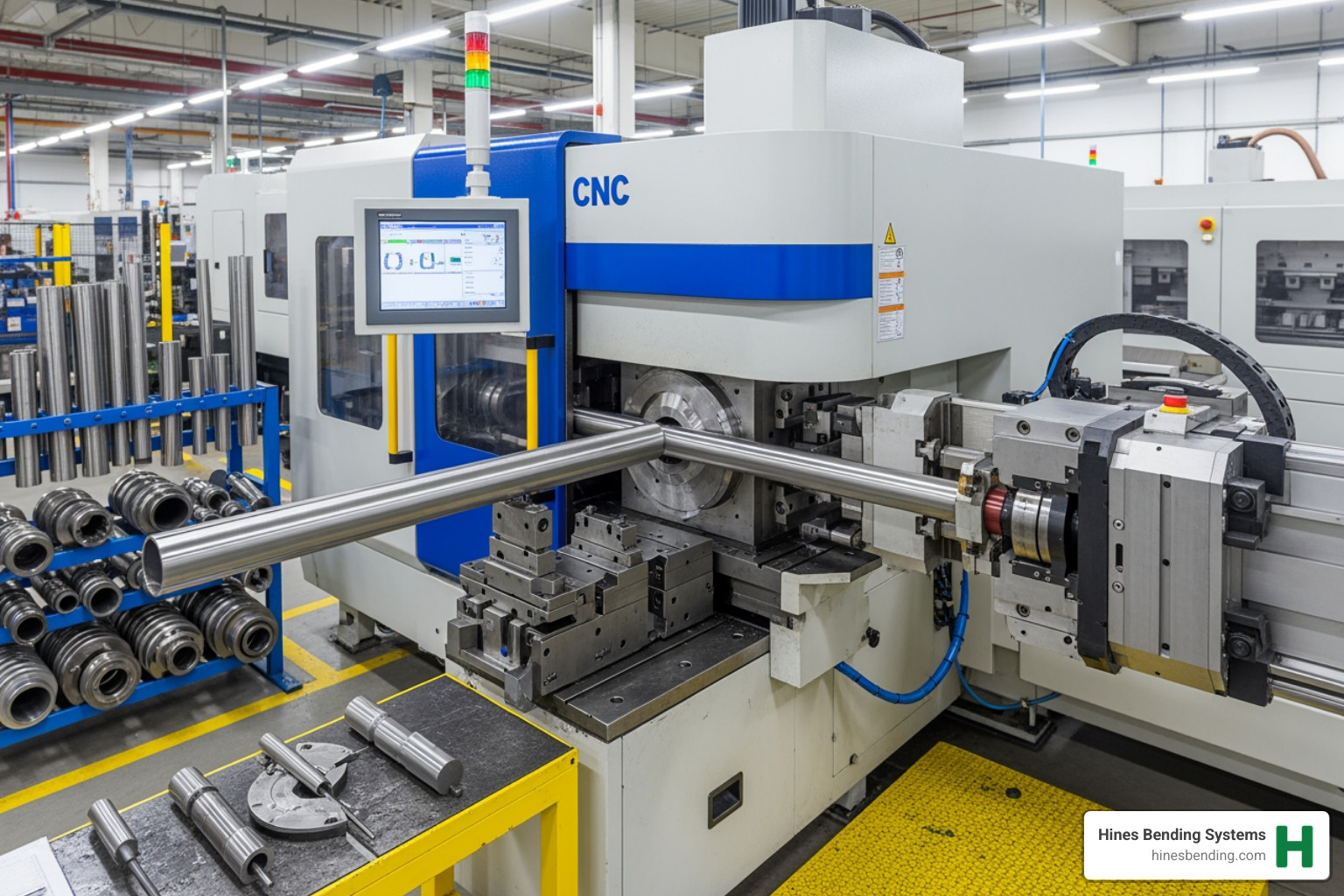 A modern Hines CNC tube bender, like the Hines 200 CNC, in operation, precisely bending a metal tube. - cnc tube bending solution