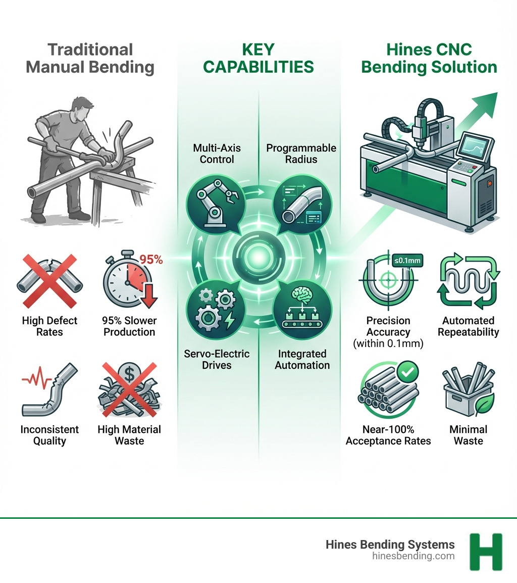 Infographic showing CNC Tube Bending Solution advantages: Left side shows Traditional Manual Bending with high defect rates, 95% slower production, inconsistent quality, and high material waste. Right side shows Hines CNC Bending Solution with precision accuracy within 0.1mm, automated repeatability, near-100% acceptance rates, and minimal waste. Center displays key capabilities: multi-axis control, programmable radius, servo-electric drives, and integrated automation. - cnc tube bending solution infographic 