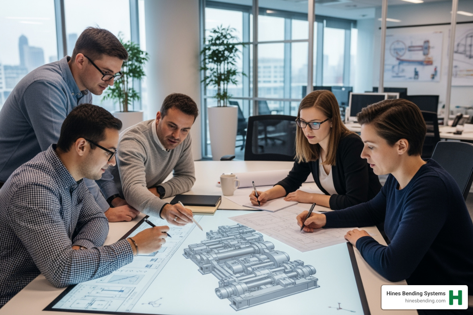 Hines engineers collaborating on a plate rolling machine design - plate rolling machine manufacturers