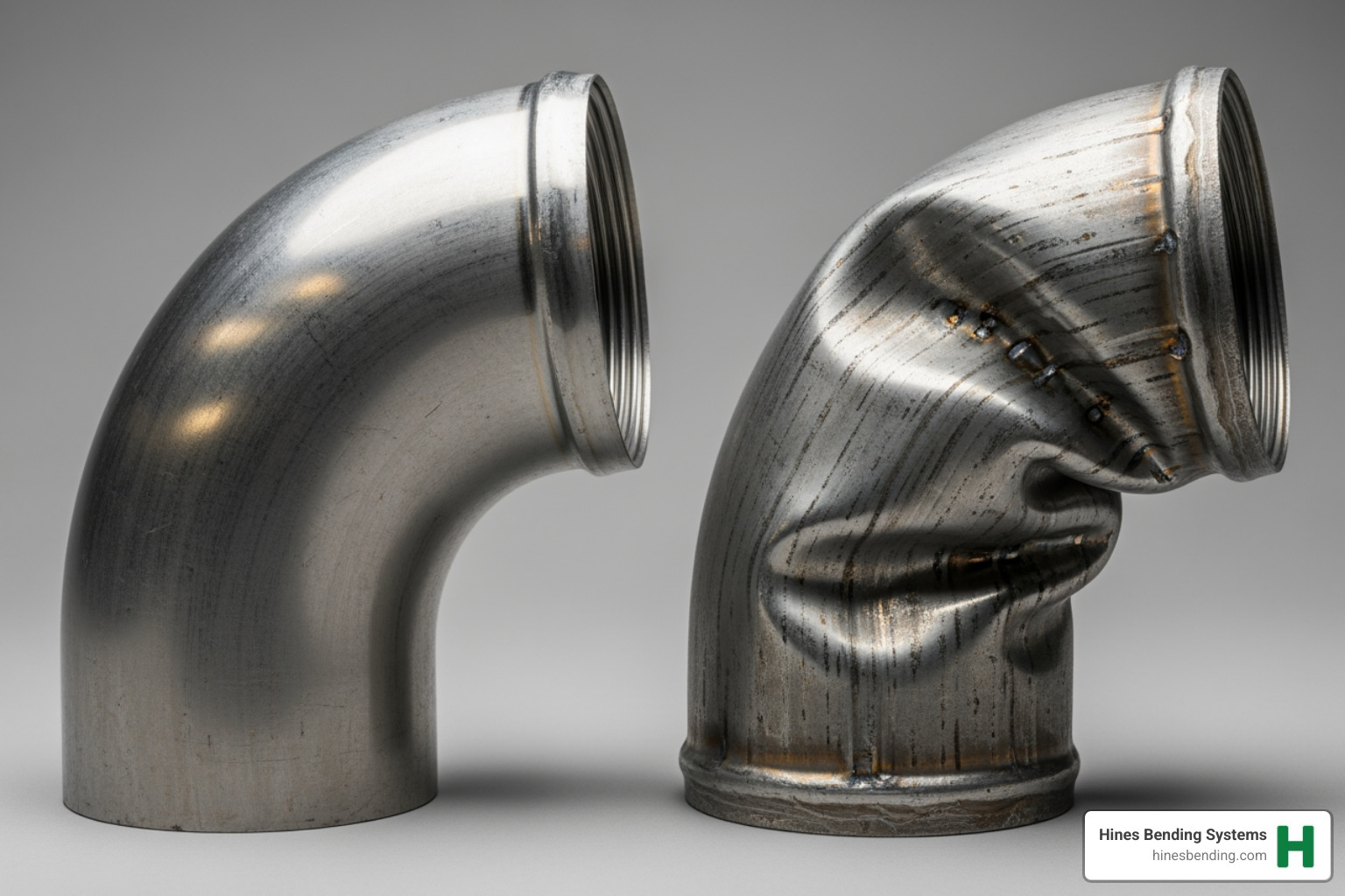 A close-up image showing a perfectly smooth, unbuckled pipe bend on the left, contrasted with a severely buckled and distorted pipe bend on the right, highlighting the importance of proper bending techniques and tooling. - pipeline pipe bending machine