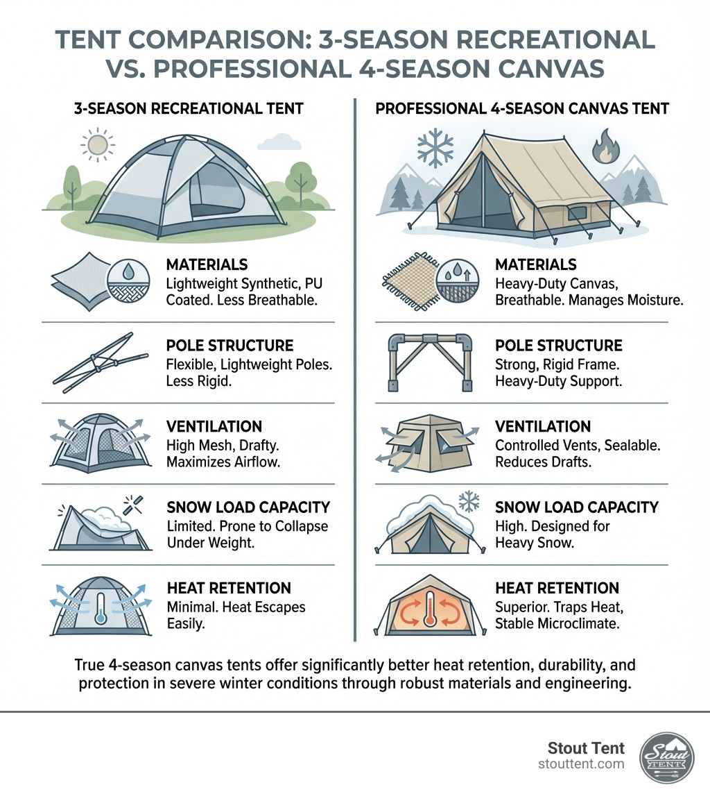 Infographic comparing 3-season recreational tent vs professional-grade 4-season canvas tent, showing differences in materials, pole structure, ventilation, snow load capacity, and heat retention principles - are 4 season tents warmer infographic 
