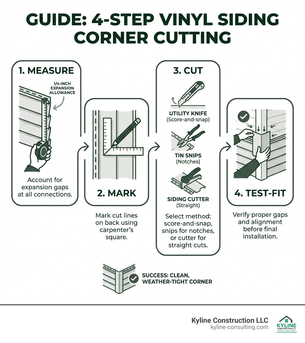 Infographic showing the 4 main steps for cutting vinyl siding corners: Step 1 - Measure with 1/4-inch expansion allowance; Step 2 - Mark cut lines on the back of panels using a carpenter's square; Step 3 - Cut using utility knife score-and-snap method, tin snips for notches, or vinyl siding cutter for straight cuts; Step 4 - Test-fit the piece before final installation to verify proper gaps and alignment - cutting vinyl siding corners infographic 