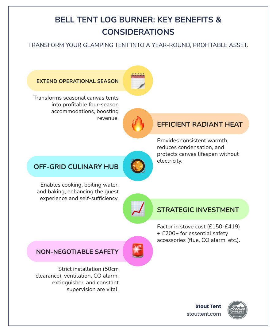 infographic showing bell tent log burner benefits: four-season capability with extended rental season calendar, radiant heat efficiency diagram showing 50cm clearance zones, off-grid cooking versatility with oven and stovetop illustrations, total cost of ownership breakdown showing stove plus accessories equaling minimum £350-450 investment, and essential safety equipment icons including CO alarm fire extinguisher heat mat and spark arrestor - bell tent log burner infographic infographic-line-5-steps-colors infographic showing bell tent log burner benefits: four-season capability with extended rental season calendar, radiant heat efficiency diagram showing 50cm clearance zones, off-grid cooking versatility with oven and stovetop illustrations, total cost of ownership breakdown showing stove plus accessories equaling minimum £350-450 investment, and essential safety equipment icons including CO alarm fire extinguisher heat mat and spark arrestor - bell tent log burner infographic infographic-line-5-steps-colors