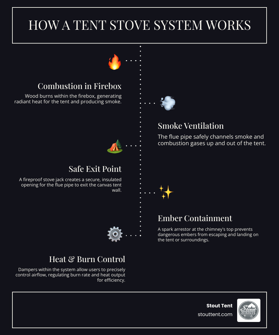 infographic explaining the basic principle of how a tent stove heats a canvas tent and vents smoke. - tent stove infographic infographic-line-5-steps-dark