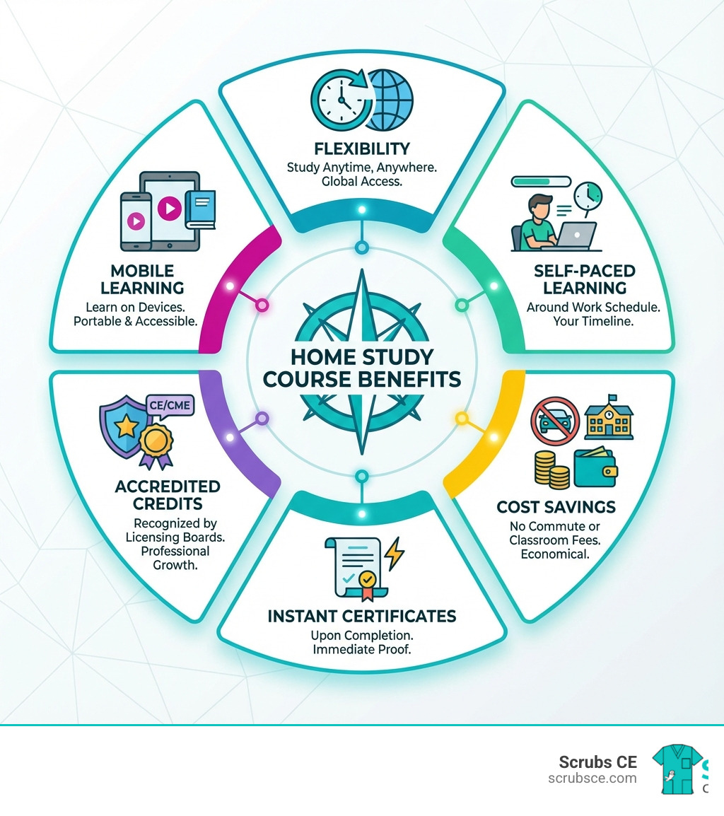infographic showing benefits of home study courses including flexibility to study anytime anywhere, self-paced learning around work schedule, cost savings from no commute or classroom fees, instant certificates upon completion, accredited credits recognized by licensing boards, and ability to learn from mobile devices - Home study courses infographic infographic showing benefits of home study courses including flexibility to study anytime anywhere, self-paced learning around work schedule, cost savings from no commute or classroom fees, instant certificates upon completion, accredited credits recognized by licensing boards, and ability to learn from mobile devices - Home study courses infographic