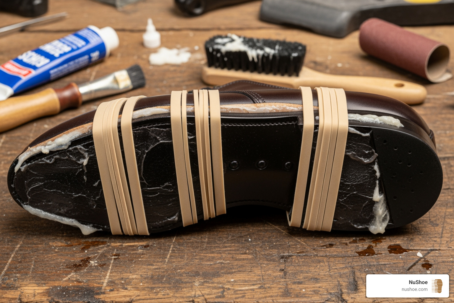 shoe being clamped with rubber bands after glue application - how to repair damaged shoe sole shoe being clamped with rubber bands after glue application - how to repair damaged shoe sole