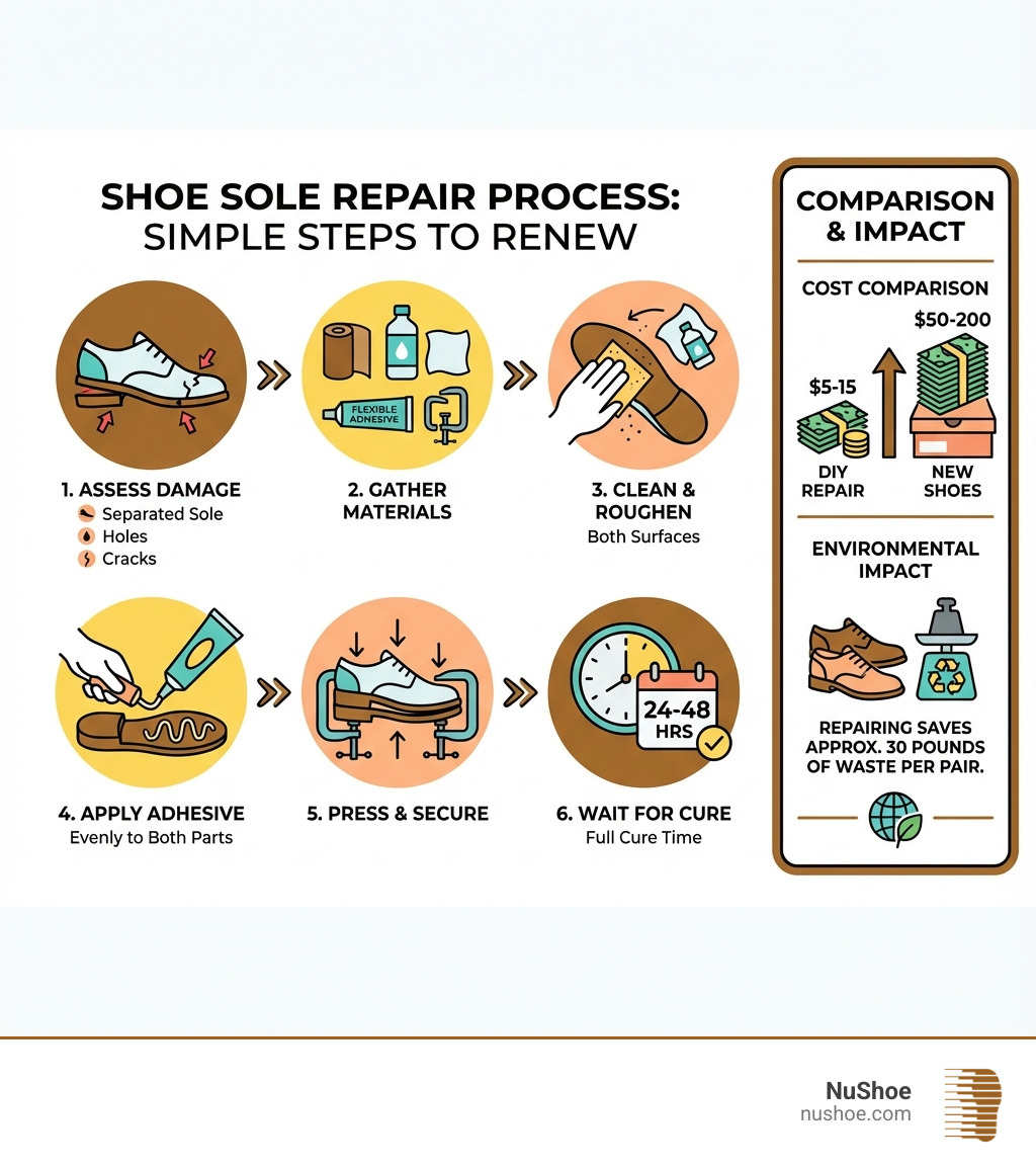 Infographic showing the shoe sole repair process: 1. Assess the damage (separated sole, holes, or cracks), 2. Gather materials (sandpaper, alcohol, flexible adhesive, clamps), 3. Clean and roughen both surfaces, 4. Apply adhesive evenly to both parts, 5. Press together and secure with clamps, 6. Wait 24-48 hours for full cure. Side panel shows cost comparison: DIY repair $5-15 vs new shoes $50-200, and environmental impact: repairing saves approximately 30 pounds of waste per pair - how to repair damaged shoe sole infographic Infographic showing the shoe sole repair process: 1. Assess the damage (separated sole, holes, or cracks), 2. Gather materials (sandpaper, alcohol, flexible adhesive, clamps), 3. Clean and roughen both surfaces, 4. Apply adhesive evenly to both parts, 5. Press together and secure with clamps, 6. Wait 24-48 hours for full cure. Side panel shows cost comparison: DIY repair $5-15 vs new shoes $50-200, and environmental impact: repairing saves approximately 30 pounds of waste per pair - how to repair damaged shoe sole infographic