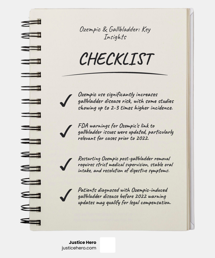 Infographic showing the rise in Ozempic prescriptions from 2017 to 2025, correlation with increased gallbladder disease reports, timeline of FDA warning updates, and key statistics on post-cholecystectomy medication considerations including safety protocols and restart guidelines - Ozempic gallbladder removal infographic checklist-notebook