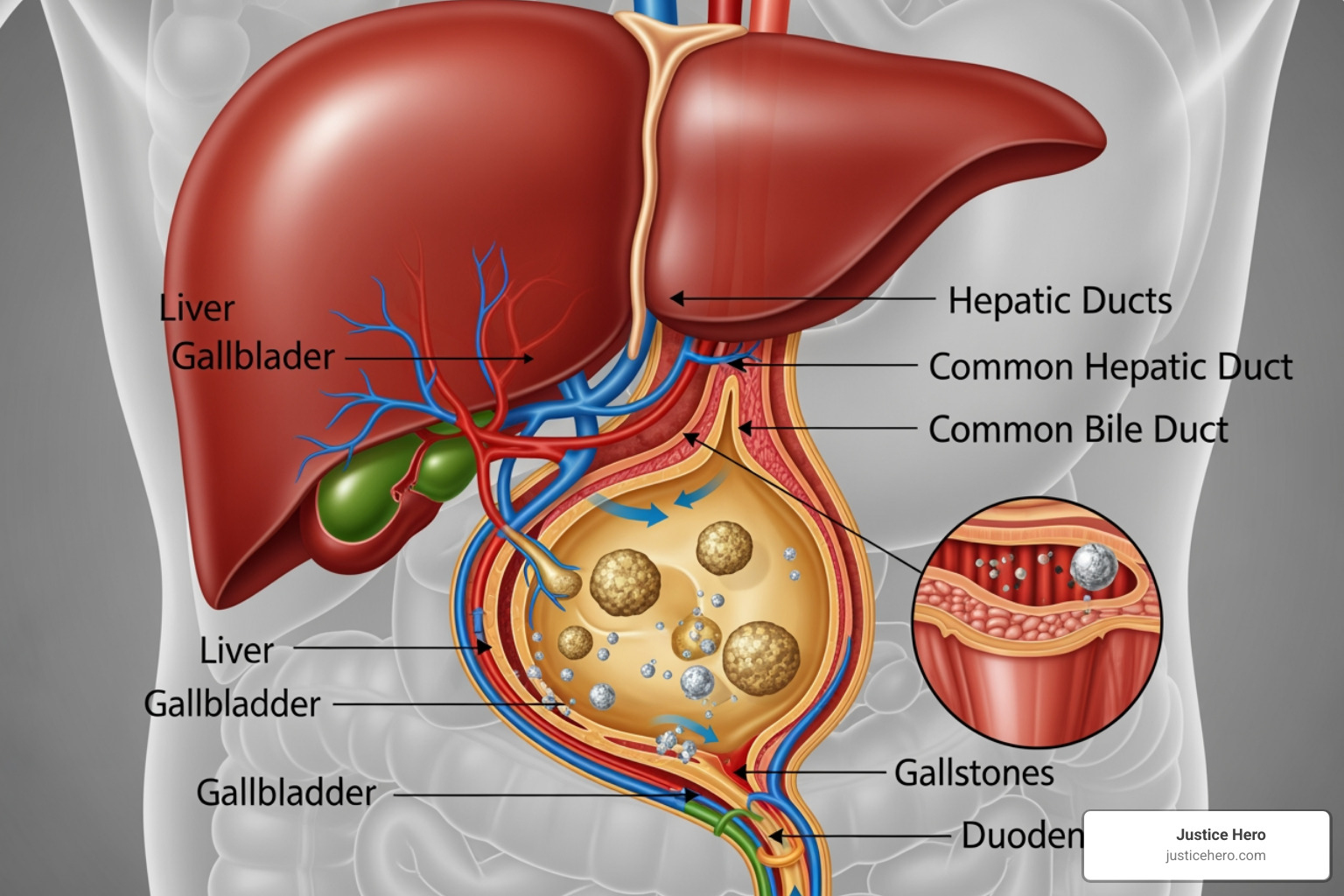 Illustration of bile flow and gallstone formation in the gallbladder - Ozempic gallbladder removal