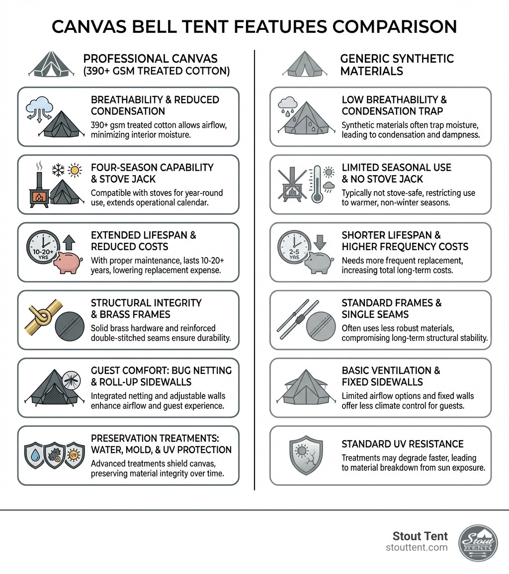 Infographic comparing canvas bell tent features: 390+ gsm treated cotton canvas provides breathability and reduces condensation vs synthetic materials; four-season capability with stove jack compatibility extends operational calendar; 10-20+ year lifespan with proper maintenance reduces replacement costs; solid brass frames and double-stitched seams ensure structural integrity; integrated bug netting and roll-up sidewalls enhance guest comfort; water-repellent, mold-resistant, and UV-protected treatments preserve canvas integrity - canvas bell tents for sale infographic Infographic comparing canvas bell tent features: 390+ gsm treated cotton canvas provides breathability and reduces condensation vs synthetic materials; four-season capability with stove jack compatibility extends operational calendar; 10-20+ year lifespan with proper maintenance reduces replacement costs; solid brass frames and double-stitched seams ensure structural integrity; integrated bug netting and roll-up sidewalls enhance guest comfort; water-repellent, mold-resistant, and UV-protected treatments preserve canvas integrity - canvas bell tents for sale infographic
