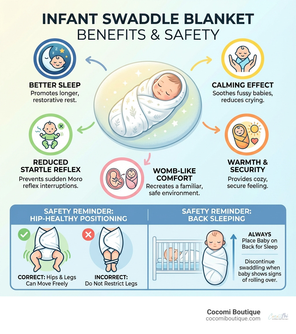 infographic showing benefits of infant swaddle blankets including better sleep, reduced startle reflex, calming effect, warmth and security, and womb-like comfort with safety reminders about hip-healthy positioning and back sleeping - infant swaddle blanket infographic infographic showing benefits of infant swaddle blankets including better sleep, reduced startle reflex, calming effect, warmth and security, and womb-like comfort with safety reminders about hip-healthy positioning and back sleeping - infant swaddle blanket infographic