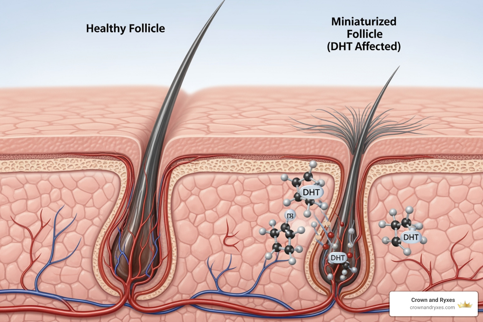 diagram showing how D H T shrinks hair follicles - male hair growth pills
