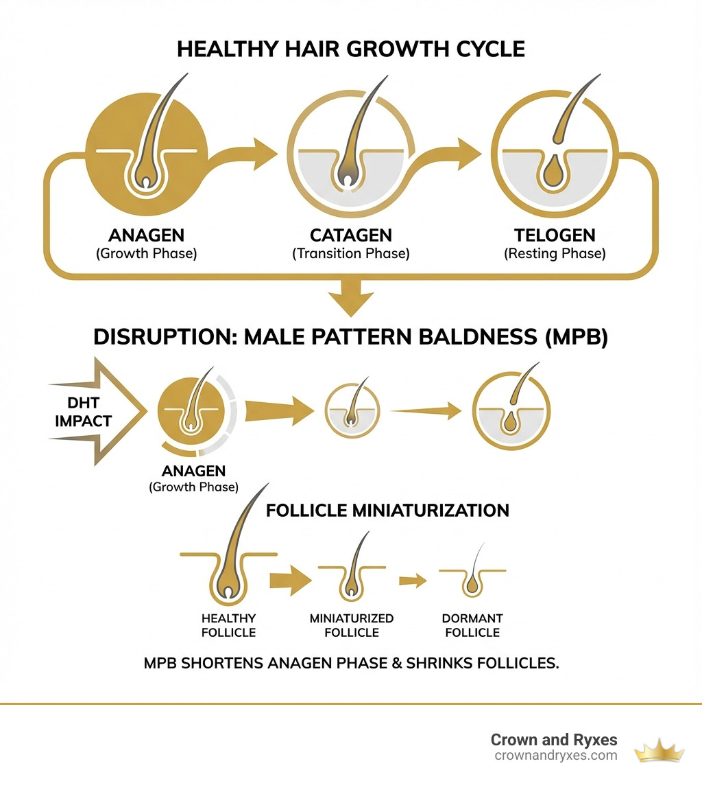 infographic showing the three phases of hair growth cycle with anagen catagen and telogen stages labeled, depicting how male pattern baldness disrupts this cycle through follicle miniaturization - male hair growth pills infographic 