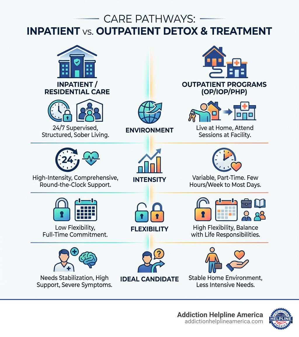 infographic comparing Inpatient vs. Outpatient Care on factors like environment, intensity, flexibility, and ideal candidate - Bowling Green detox infographic infographic comparing Inpatient vs. Outpatient Care on factors like environment, intensity, flexibility, and ideal candidate - Bowling Green detox infographic