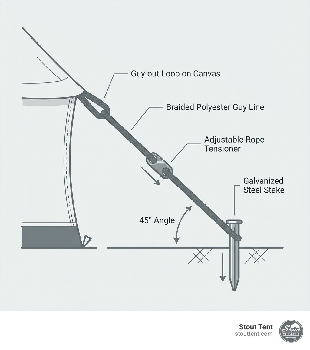 Infographic showing the anatomy of a professional guy line system on a canvas bell tent, including labeled components: guy-out loop on canvas, adjustable rope tensioner, braided polyester guy line at 45-degree angle, and galvanized steel stake driven vertically into ground - camping tent rope infographic 