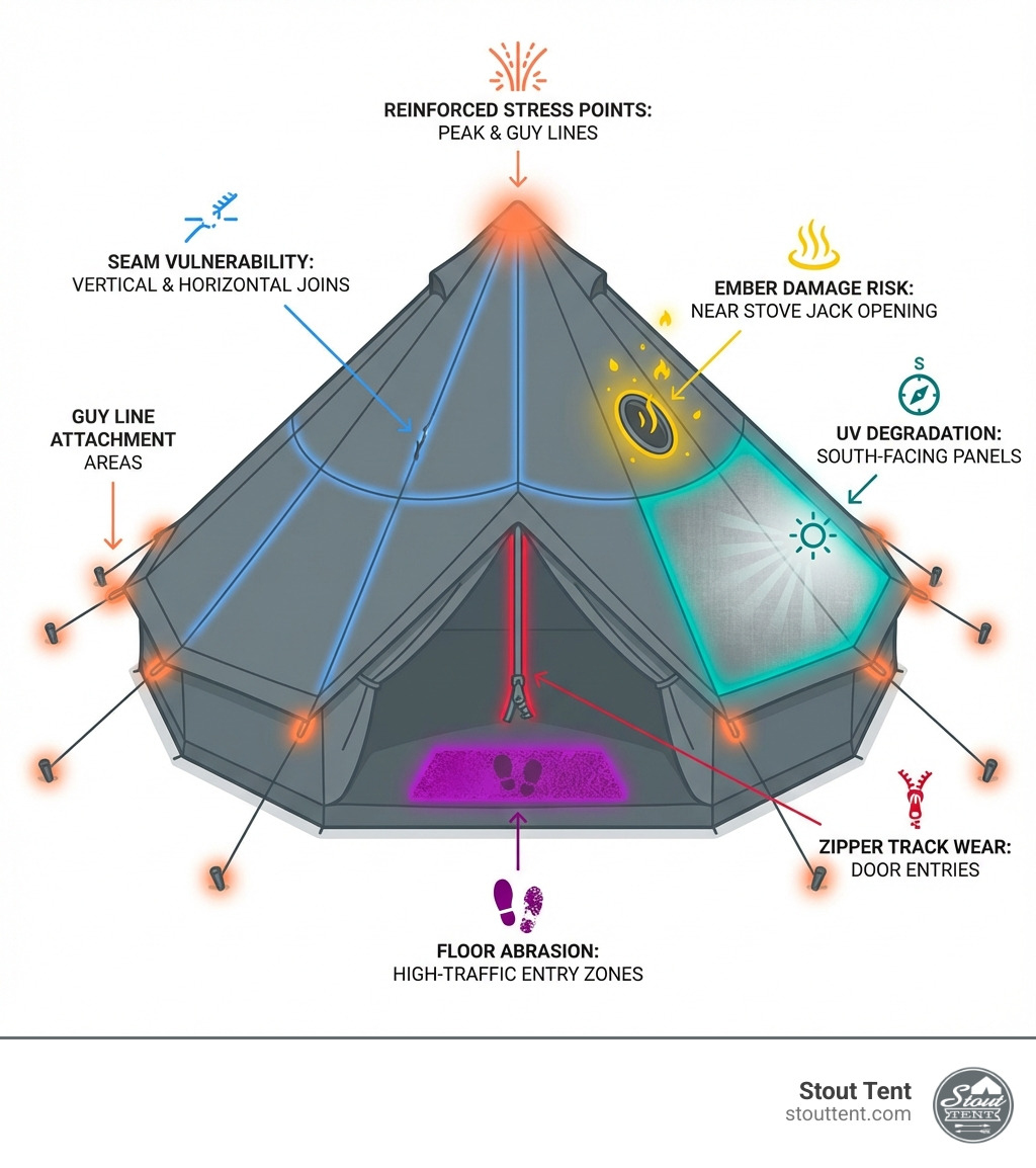 Infographic showing common damage points on a canvas bell tent: reinforced stress points at peak and guy line attachment areas, seam vulnerability along vertical and horizontal joins, zipper track wear at door entries, ember damage risk near stove jack opening, floor abrasion at high-traffic entry zones, and UV degradation on south-facing panels - canvas and tent repairs infographic 