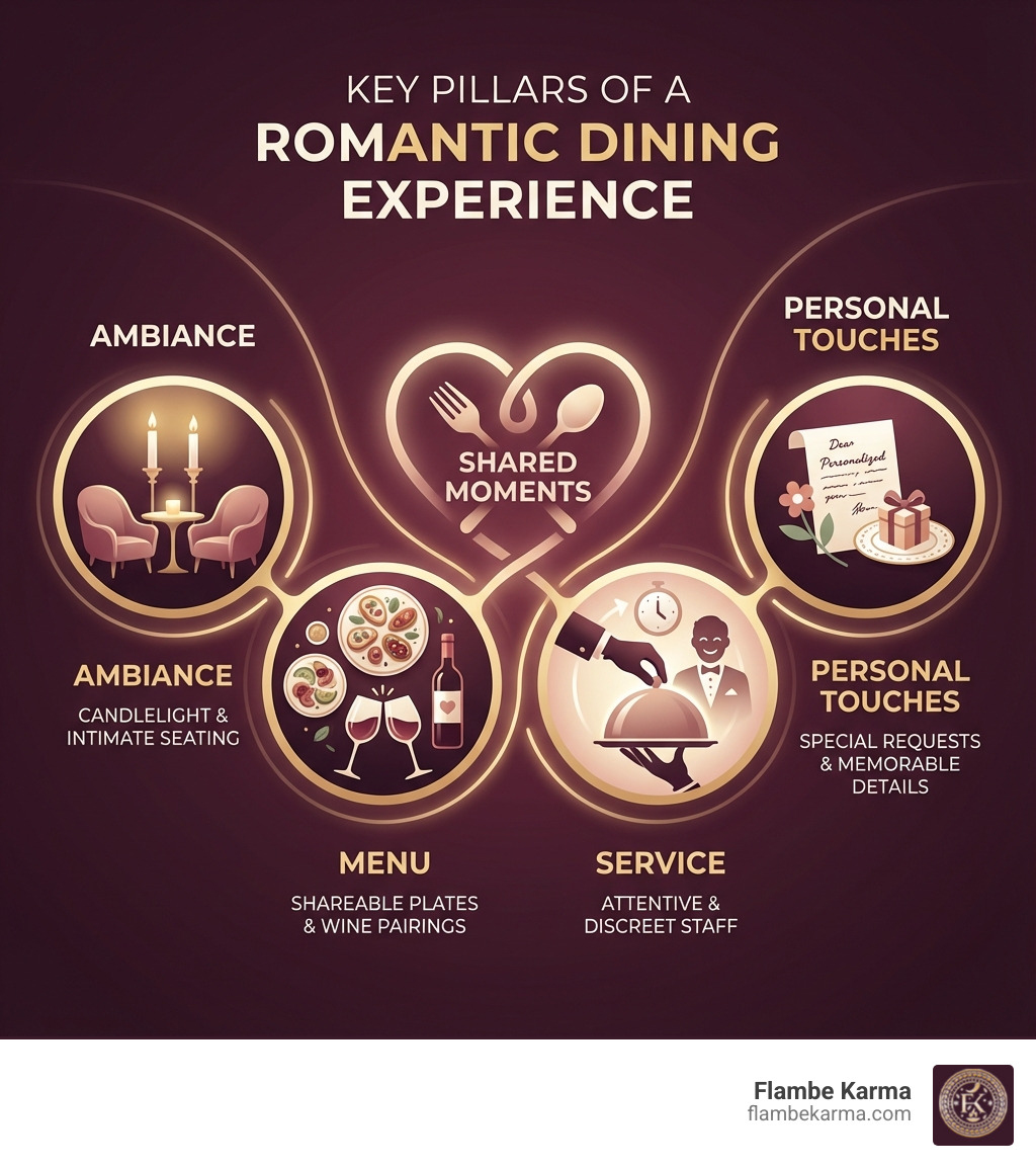 infographic showing four key pillars of romantic dining: Ambiance (candlelight and intimate seating), Menu (shareable plates and wine pairings), Service (attentive and discreet staff), and Personal Touches (special requests and memorable details) - Couples dining experience infographic 