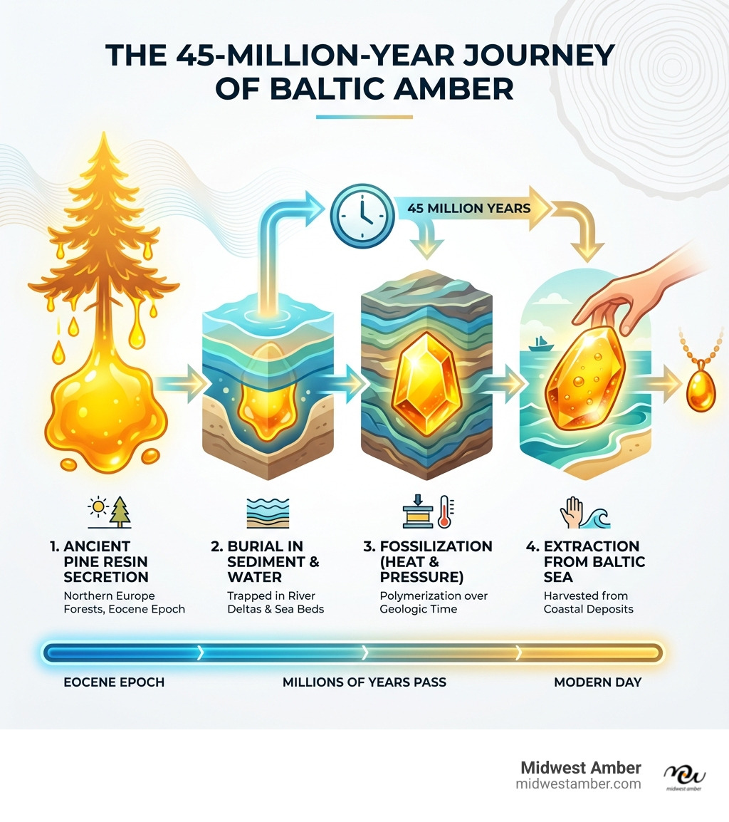 Infographic showing the 45-million-year journey of Baltic amber from ancient pine tree resin to fossilized gemstone, including the process of resin secretion, burial in sediment, fossilization over millions of years, and extraction from Baltic Sea region deposits - Amber necklace men infographic 