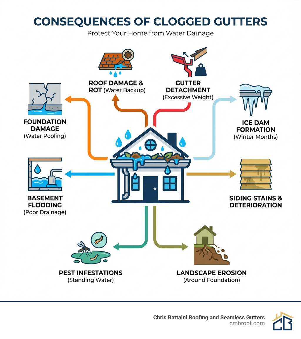 Infographic showing the consequences of clogged gutters: foundation damage from water pooling at base of home, basement flooding from poor drainage, roof damage and rot from water backup under shingles, siding stains and deterioration, landscape erosion around foundation, pest infestations in standing water, ice dam formation in winter months, and gutter detachment from excessive weight - Gutter cleaning Pittsfield MA infographic 
