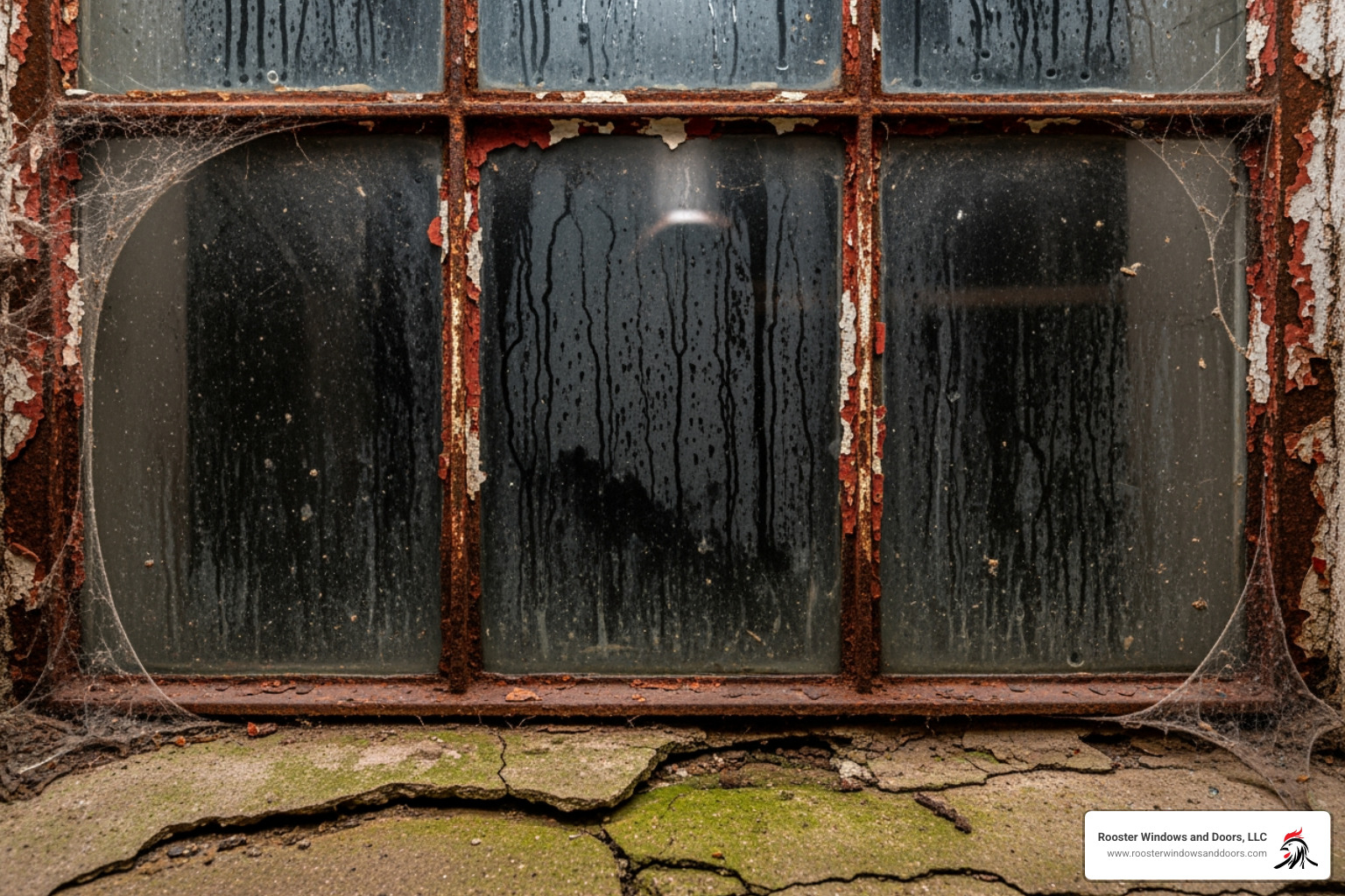 rusty steel-framed window with condensation - replacement basement window