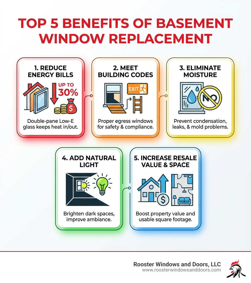 Infographic showing the top 5 benefits of basement window replacement: 1. Reduce energy bills by up to 30% with double-pane Low-E glass, 2. Meet building codes with proper egress windows for safety, 3. Eliminate moisture and condensation problems, 4. Add natural light to dark basement spaces, 5. Increase home resale value and usable square footage - replacement basement window infographic 