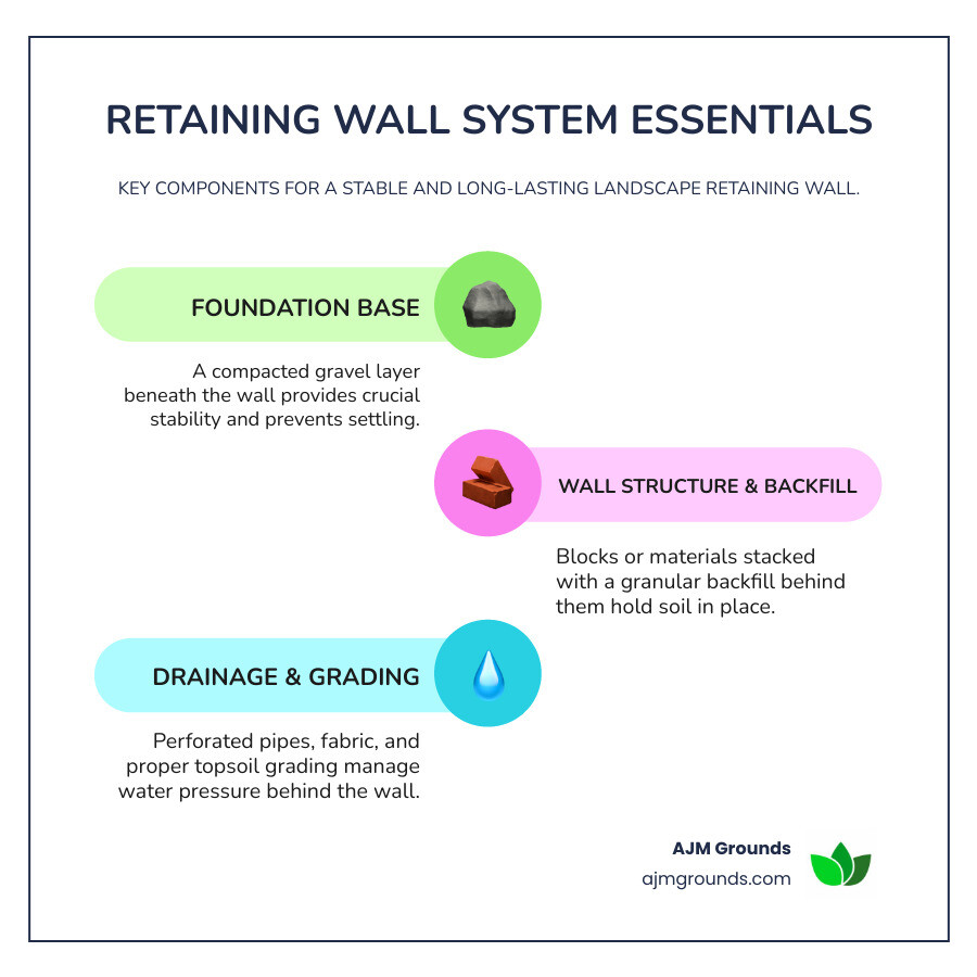 Infographic showing the essential components of a landscape retaining wall system: compacted gravel base at the bottom, retaining wall blocks stacked with proper setback, granular backfill material behind the wall, perforated drainage pipe at the base wrapped in landscape fabric, and topsoil layer at the top with proper grading away from the wall - landscape retaining walls infographic infographic-line-3-steps-colors Infographic showing the essential components of a landscape retaining wall system: compacted gravel base at the bottom, retaining wall blocks stacked with proper setback, granular backfill material behind the wall, perforated drainage pipe at the base wrapped in landscape fabric, and topsoil layer at the top with proper grading away from the wall - landscape retaining walls infographic infographic-line-3-steps-colors