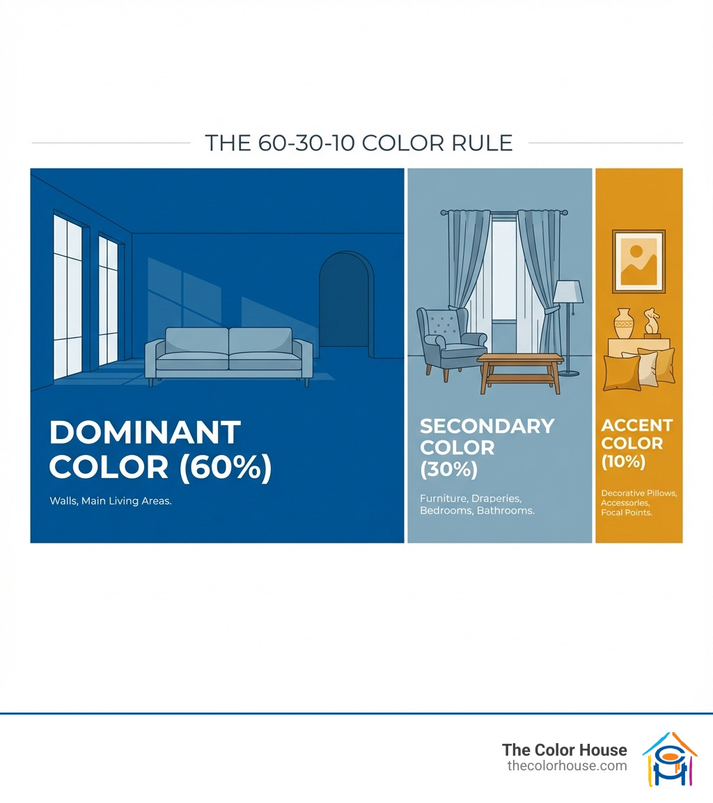 Infographic showing the 60-30-10 color rule with three sections: 60% labeled dominant color with walls illustration, 30% labeled secondary color with furniture and draperies illustration, and 10% labeled accent color with decorative pillows and accessories illustration - Whole house palette infographic 