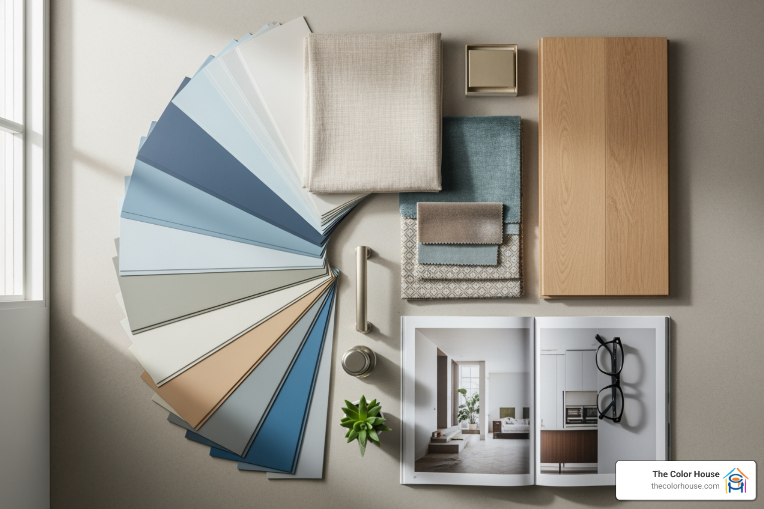 paint swatches, fabric samples, and a piece of flooring - Whole house palette