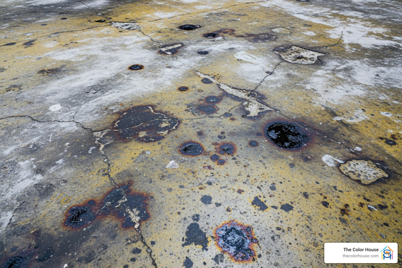 damaged, stained, and dusty unsealed concrete floor - Industrial floor sealers