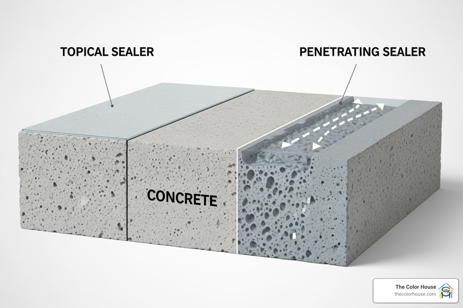 cross-section of concrete with a topical sealer on top vs. a penetrating sealer inside - Industrial floor sealers