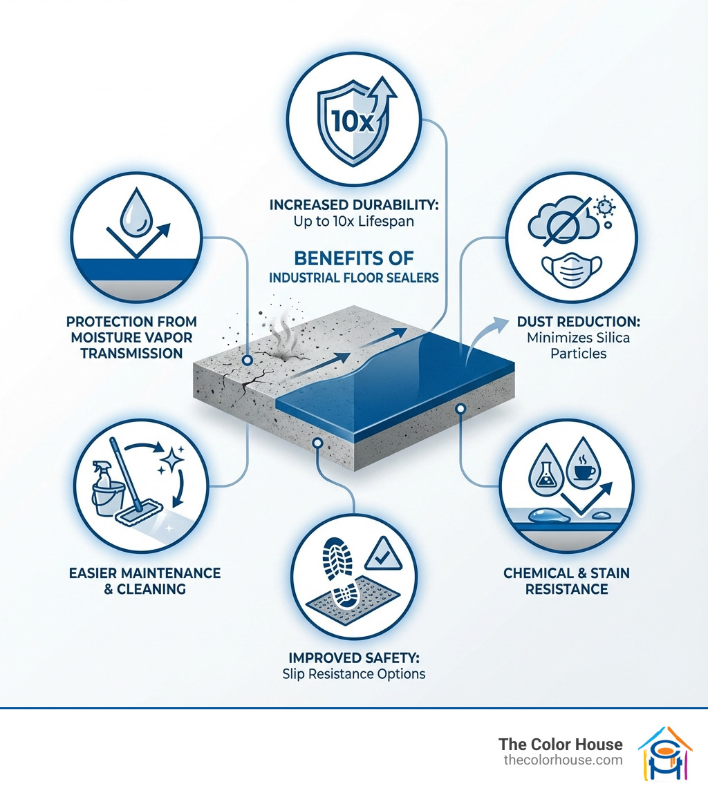 infographic showing the benefits of industrial floor sealers including increased durability by up to 10x lifespan, dust reduction from silica particles, chemical and stain resistance, improved safety through slip resistance options, easier maintenance and cleaning, and protection from moisture vapor transmission - Industrial floor sealers infographic 