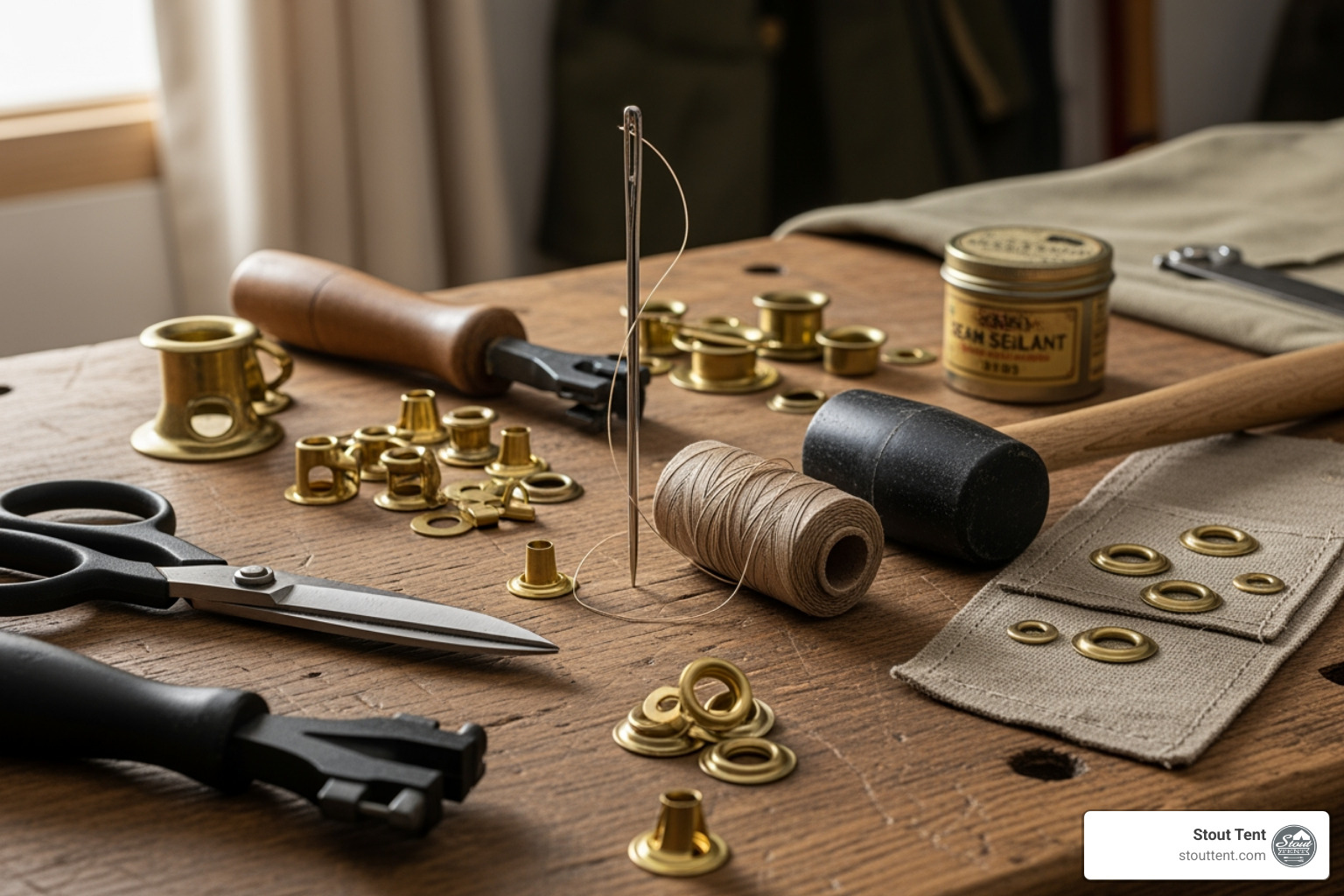 Professional-grade canvas repair kit laid out on a workbench - canvas and tent repairs