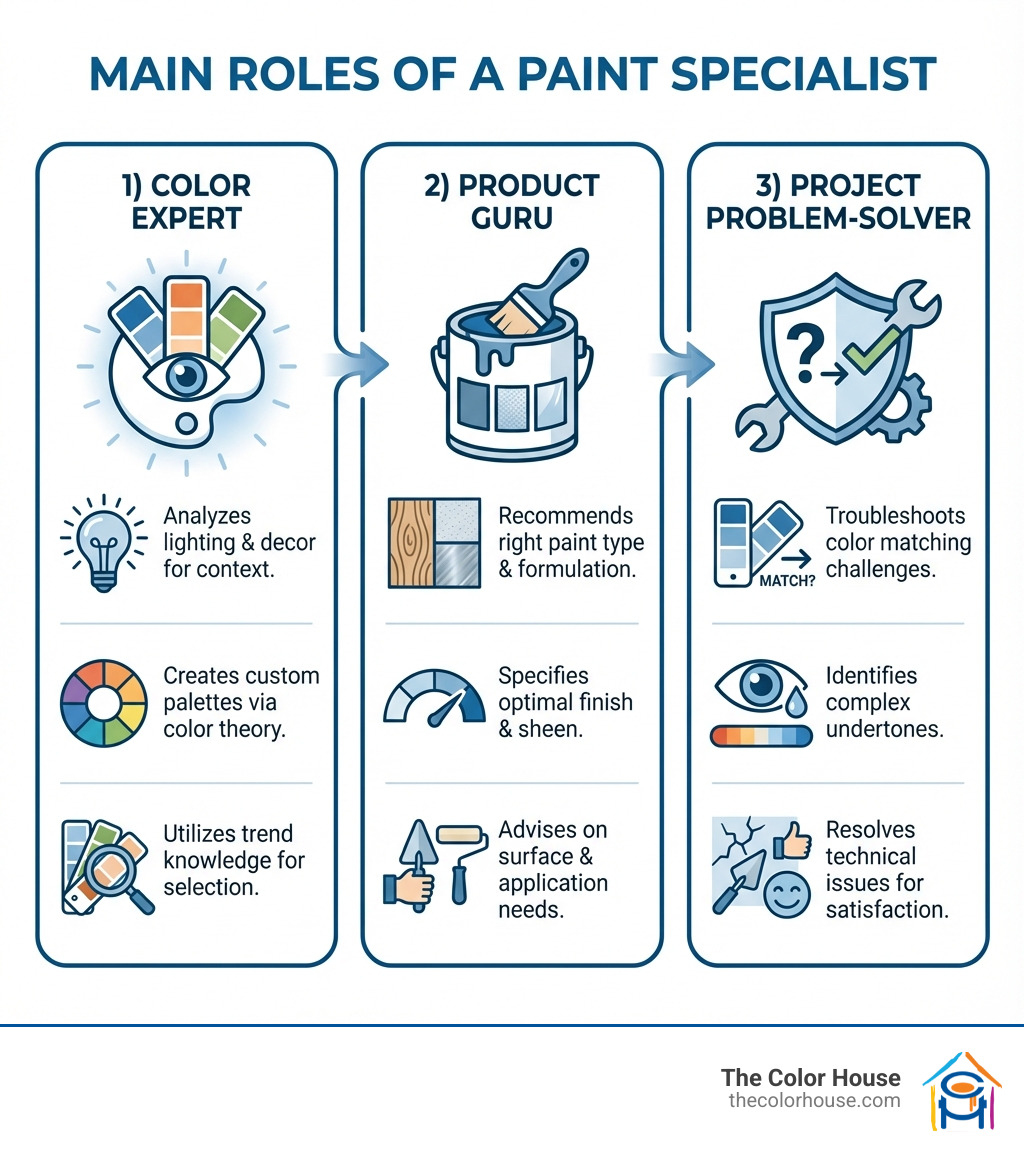 Infographic showing three main roles of a paint specialist: 1) Color Expert - analyzes lighting and decor to create custom palettes using color theory and trend knowledge, 2) Product Guru - recommends the right paint type, finish, and sheen based on surface and application needs, 3) Project Problem-Solver - troubleshoots color matching, undertones, and technical challenges to ensure customer satisfaction - paint specialist infographic 
