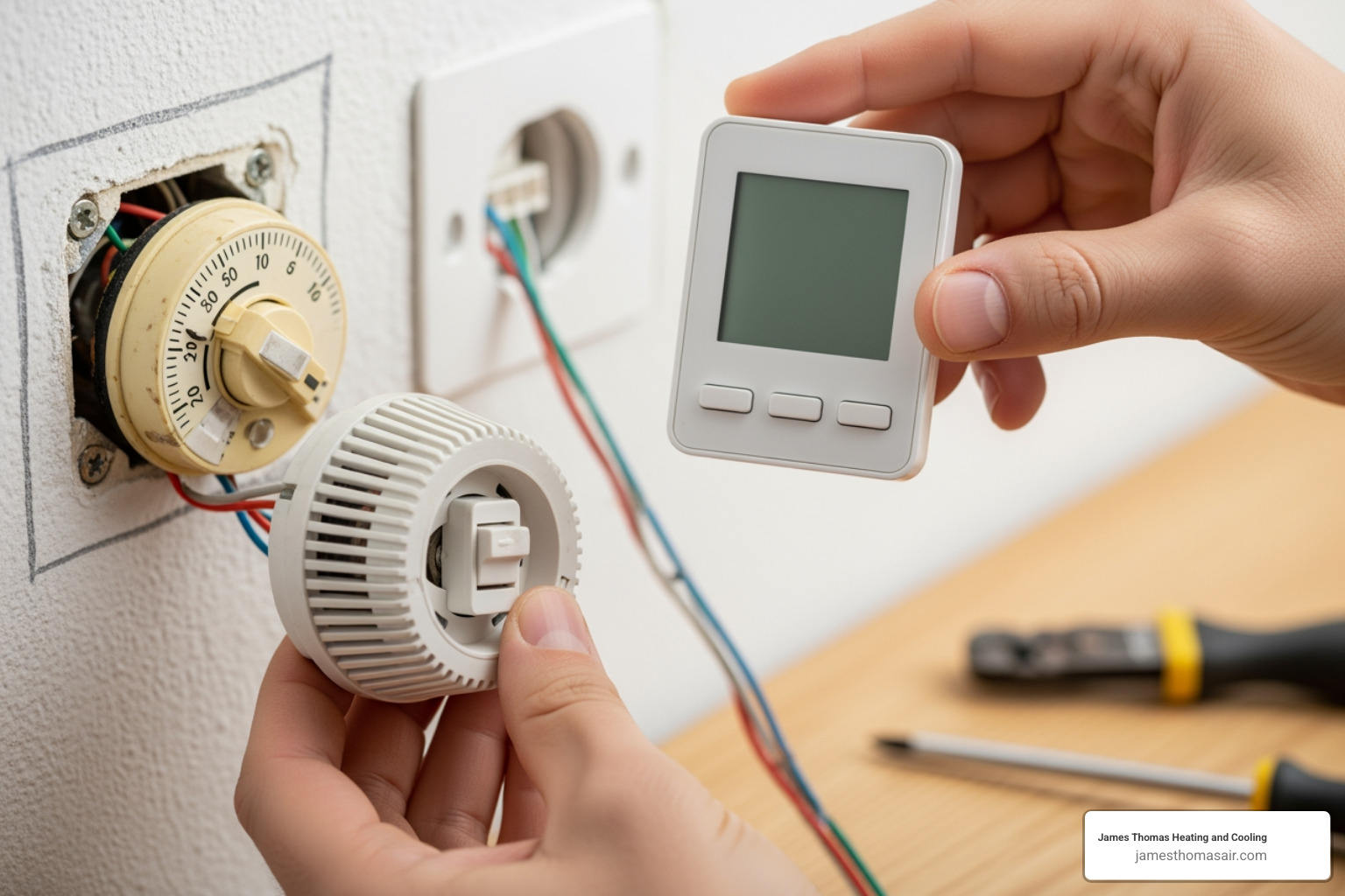 hand taking photo of thermostat wiring - replacing an old thermostat with a new one