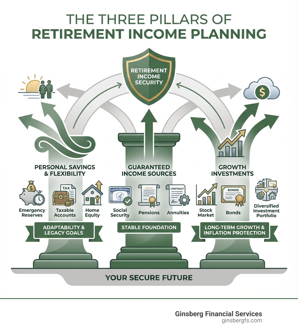 Infographic showing the three pillars of retirement income planning: Guaranteed Income Sources (Social Security, pensions, annuities providing a stable foundation), Growth Investments (stocks, bonds, and diversified portfolios for long-term growth and inflation protection), and Personal Savings & Flexibility (emergency reserves, taxable accounts, and home equity for adaptability and legacy goals) - retirement income planning infographic 