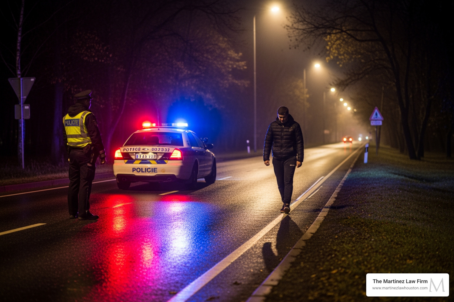 A person being pulled over by police at night with flashing lights - 4th degree DWI​