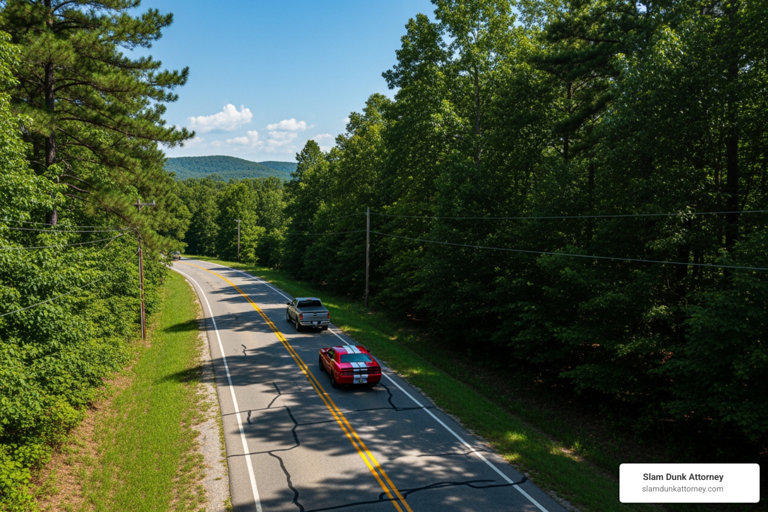 A car is shown making an improper pass on a winding road in rural Georgia, with green trees and hills in the background. - an example of a two point violation includes reckless driving
